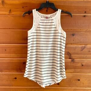 Striped Lace Trim Lace Open Back Slit Sleeveless Tank Top NWOT